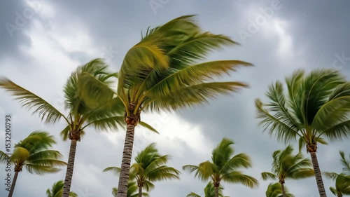 Wallpaper Mural Tall palm trees are bending in the wind along a coastal road during a rainstorm, with dark clouds overhead and turbulent ocean waves crashing in the background, creating a dramatic and moody scene Torontodigital.ca