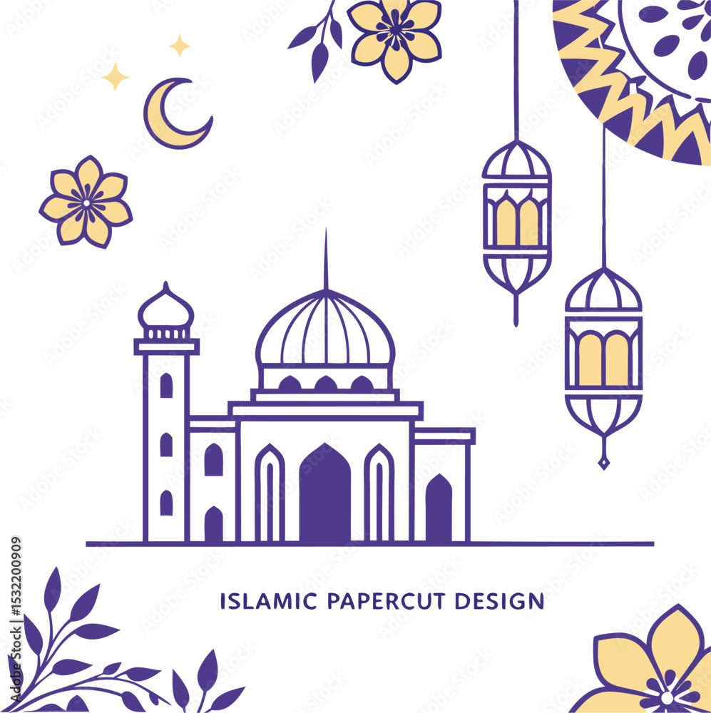 Fototapeta premium Elegant 3D Mid-Century Islamic Papercut Illustration with Lavender, Gold & Lantern Motifs