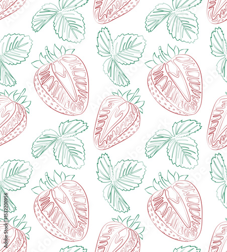 Seamless pattern with strawberry halves and strawberry leaves. Elegant botanical line art in red and green. Perfect for fabric, wrapping paper, kitchen textiles, eco-branding and packaging.