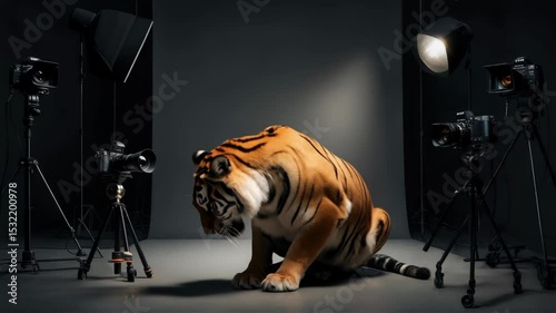 Capture of a tiger in a studio setup with professional lighting and cameras during a creative photoshoot