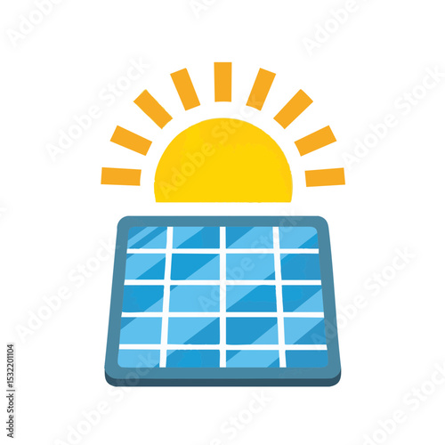 Flat Solar Panel Icon with Sun and Rays, Renewable Energy Symbol