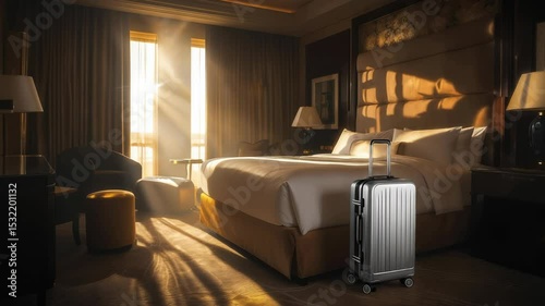 Sunny hotel room with a suitcase and elegant decor in the afternoon light