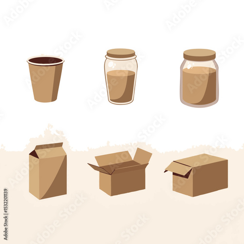 Flat Eco Packaging Set with Paper Cup, Jar, Box, Folded Paper