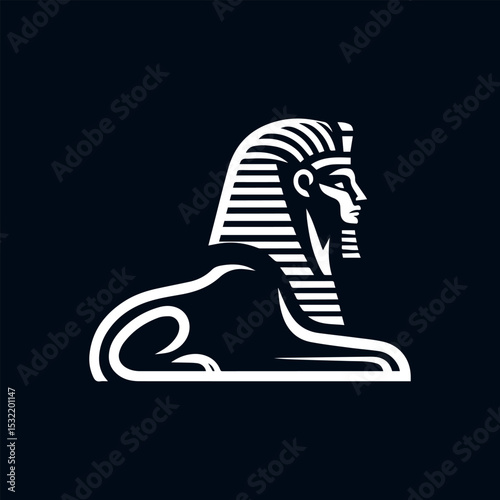 Stylized white silhouette of the Great Sphinx of Giza against a dark background. Ancient history concept