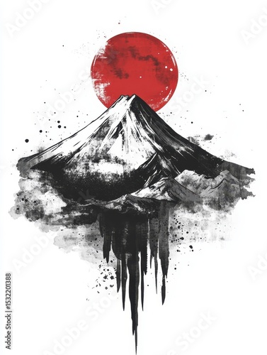 Minimalist sumi-e ink painting of mount fuji with red sunburst