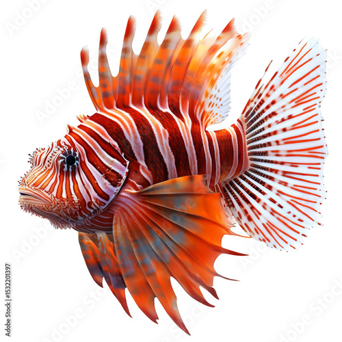 A vibrant lionfish with striking orange, white, and red stripes, featuring elaborate fin rays and a distinctive fan-like tail. Png, Transparent background.