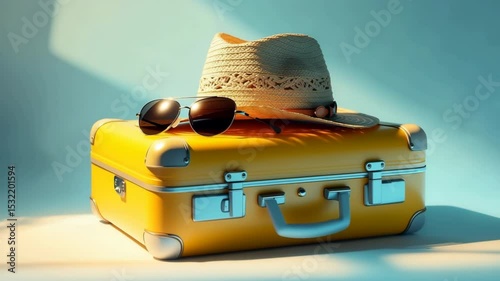 Bright yellow suitcase with sunglasses and straw hat ready for summer travel adventure