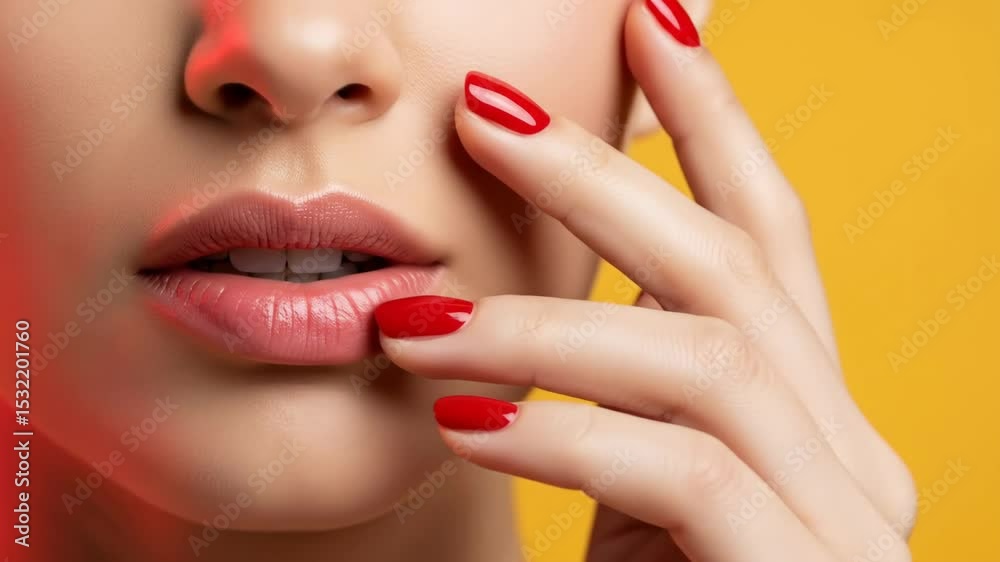 Close-up of a woman's lips adorned with vibrant red lipstick, complemented by perfectly manicured red nails, against a bright yellow background, showcasing beauty and elegance in a striking visual com