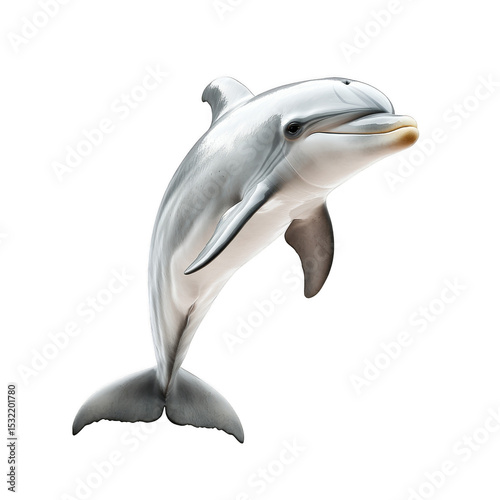A realistic dolphin is shown mid-leap with smooth, shiny skin and a streamlined body, displaying a graceful aquatic pose. Png, Transparent background.