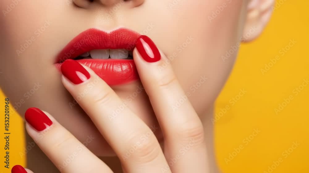 Close-up of a woman's lips adorned with vibrant red lipstick, complemented by perfectly manicured red nails, against a bright yellow background, showcasing beauty and elegance in a striking visual com