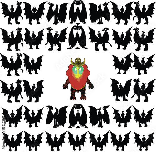 A collection of silhouetted winged creatures and a central colorful monster design for halloween and fantasy themes