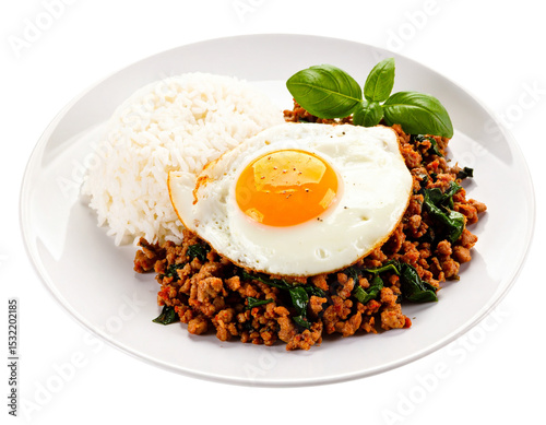Spicy minced pork pad kra pao, minced pork stir-fried with holy basil leaves, served with plain cooked rice and a fried egg, a popular Thai single dish served from street food carts to restaurants.