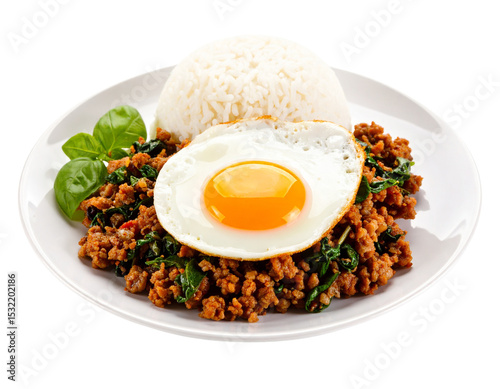 Spicy minced pork pad kra pao, minced pork stir-fried with holy basil leaves, served with plain cooked rice and a fried egg, a popular Thai single dish served from street food carts to restaurants.