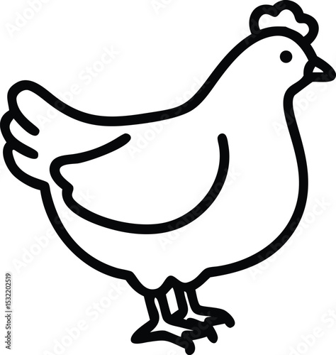 A simple black outline of a chicken stands isolated on a white background
