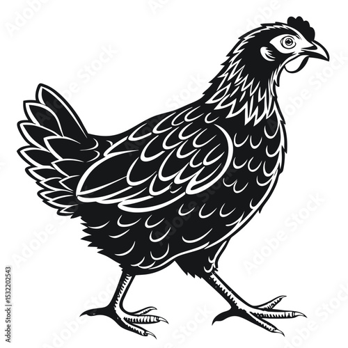 Stylized black chicken walking peacefully, a simple yet elegant monochrome animal illustration