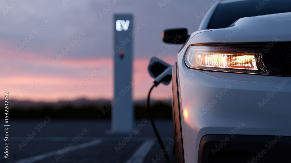 Fototapeta premium Close up of electric vehicle charging at station during sunset, with blurred EV charging station in background, creating peaceful and modern scene of sustainable transportation