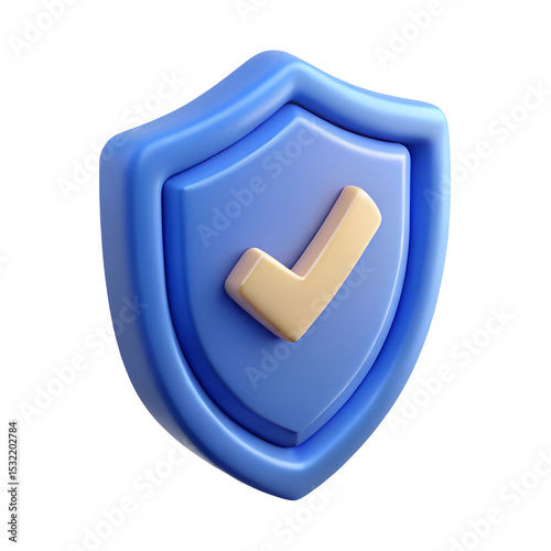 3d shield with check mark icon in cartoon plastic style minimal isolated on transparent white background, security and approval concept

