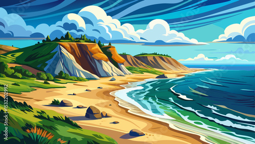 The Outer Banks shore in Nags Head, North Carolina, stretches with golden sands and soft waves. This beach shoreline is very beautiful, reflecting nature’s gentle rhythm under bright sunlight.