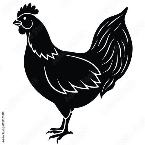 A majestic rooster stands tall, a bold black silhouette against a crisp white backdrop