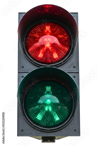 Traffic signal displaying both red and green lights isolated on a transparent background