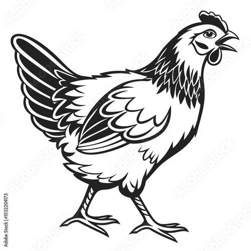 Stylized monochromatic chicken walks confidently with detailed feathered plumage and proud posture shows a timeless appeal