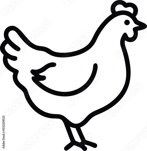 A minimalist chicken illustration stands centered in a bold black outline against white