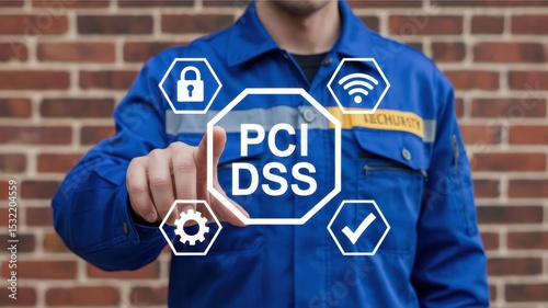 Person touching a pci dss graphic on a uniform.