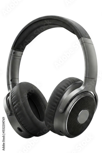 Modern over-ear headphones with a metallic finish isolated on a transparent background