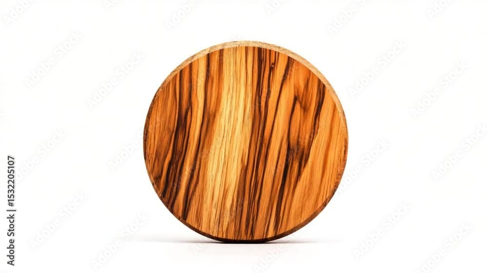 Round wooden cutting board with striking grain pattern, isolated on white background, ideal for culinary use