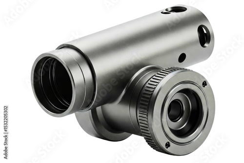 Complex metallic industrial pipe fitting isolated on a transparent background