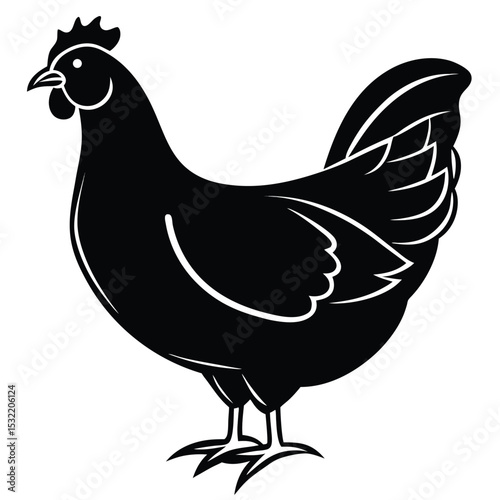 The monochrome chicken stands isolated, featuring a detailed comb and feathered tail silhouette
