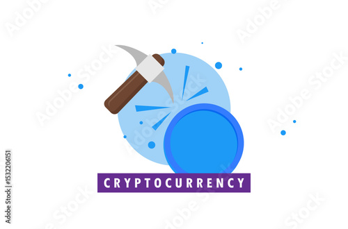 Bitcoin mining concept with pickaxe and coin flat vector