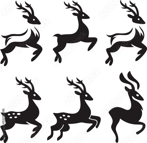 Collection of stylized black reindeer silhouettes in various poses with antlers suitable for holiday designs and festive decorations.