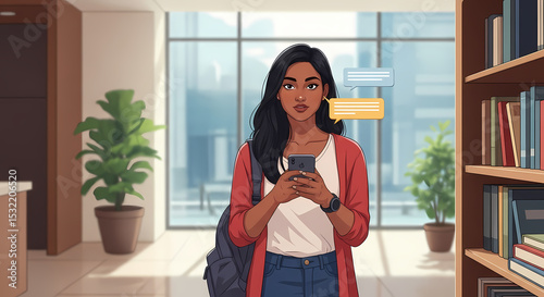 Portrait of a stylish young Indian woman in a tech company lobby, quickly responding to urgent team messages on her smartphone. Thoughtful Arab student standing by a bookshelf, using language learning