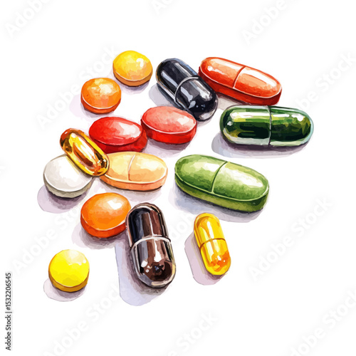 watercolor of Vitamin Supplements, vector, isolated on a white background.