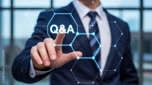 Businessman's hand pointing at a Q&A interface.