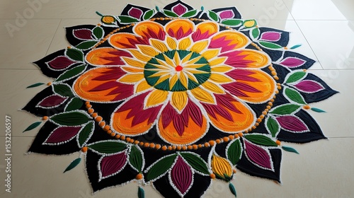 Overhead view of a colorful floral rangoli design on a tiled floor, intricate and vibrant art form