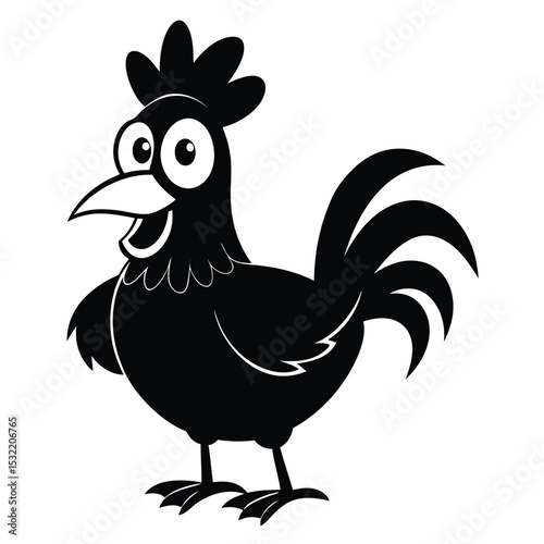 Cheerful cartoon chicken displays bold and simple black silhouette against a clear background