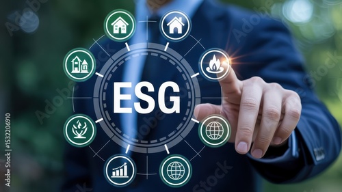 ESG concept with various icons displayed on a touch screen.