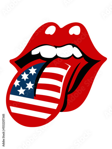 Pop Art Lips with American Flag Tongue, Bold pop art illustration of red lips with tongue featuring the American flag, symbolizing patriotism, expression, and modern culture.

