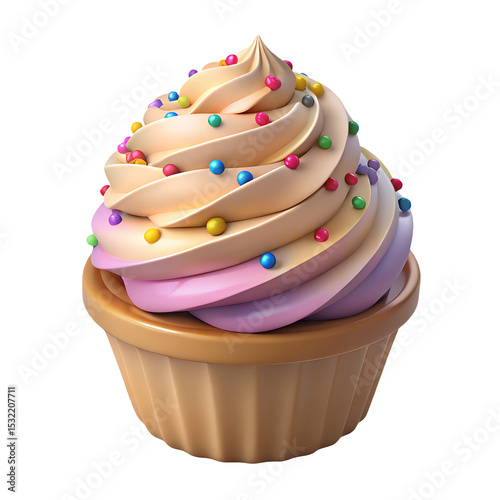 3d cupcake with frosting and colorful sprinkles icon in cartoon plastic style minimal isolated on transparent white background, sweet bakery dessert concept

