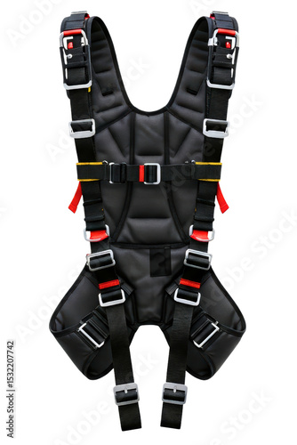 Secure Full Body Safety Harness with Adjustable Straps and Buckles isolated on a transparent background