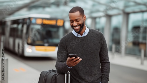 A young man with a backpack smiles while checking his phone at a transportation terminal, capturing a moment of joy and connection during his travels.
