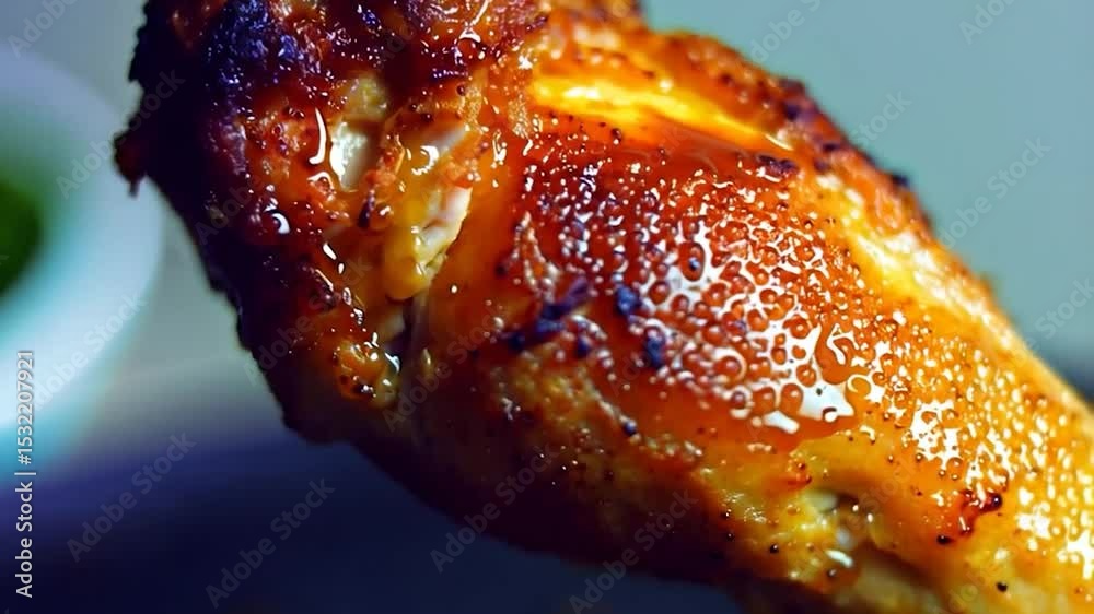 Close up of a roasted chicken drumstick with glistening brown skin