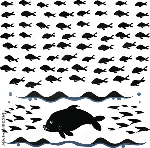 Marine life illustration showcasing silhouetted fish swimming amidst graphic waves and a large dolphin representing the underwater ecosystem