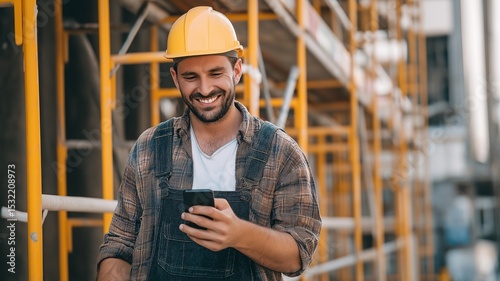Smiling construction worker using smartphone.