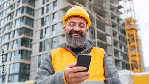 Smiling construction worker using smartphone.