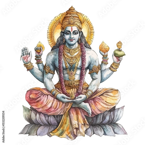 Vishnu Hindu Mythology, watercolor vector, high quality, isolated on a white background.