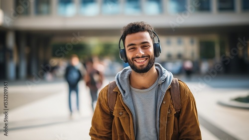 A happy Indian male student is enjoying music on campus while wearing headphones.