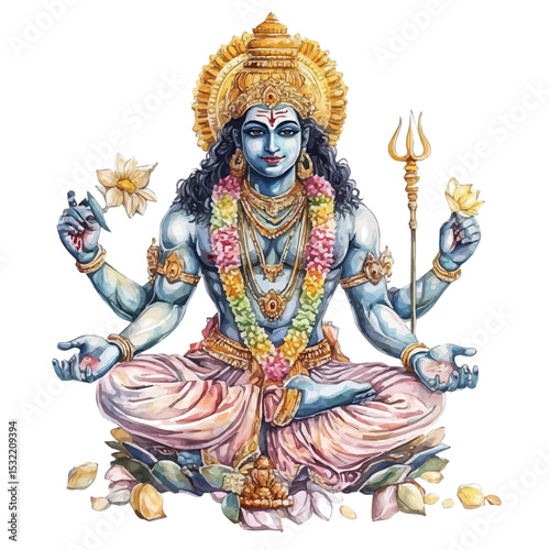 watercolor vector of Vishnu Hindu Mythology, high quality, isolated on a white background.